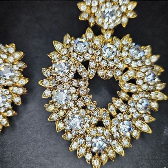 Vintage Thelma Deutsch Signed Large Rhinestone Open Heart Clip Dangle Earrings - Picture 3 of 12